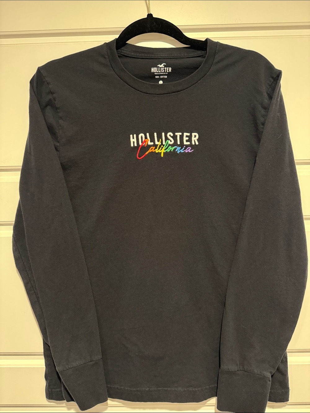 Hollister Black Long-Sleeve Tee with Rainbow California Script